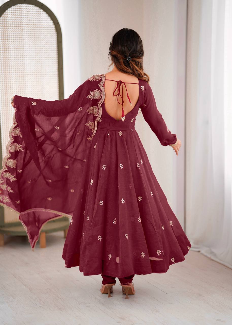 Neha's Wear Maroon Color Crunchy Silk Sequence Anarkali Suit Set