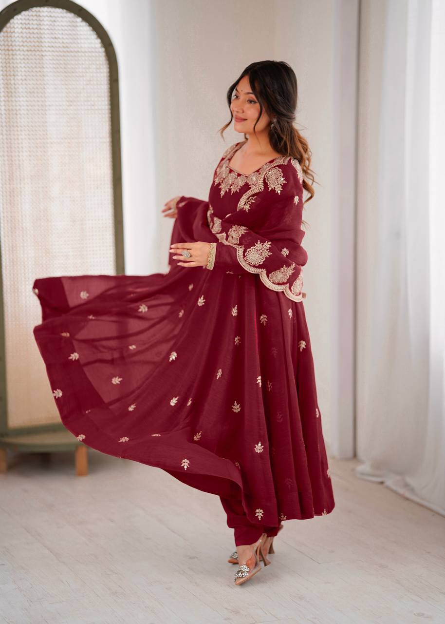 Neha's Wear Maroon Color Crunchy Silk Sequence Anarkali Suit Set