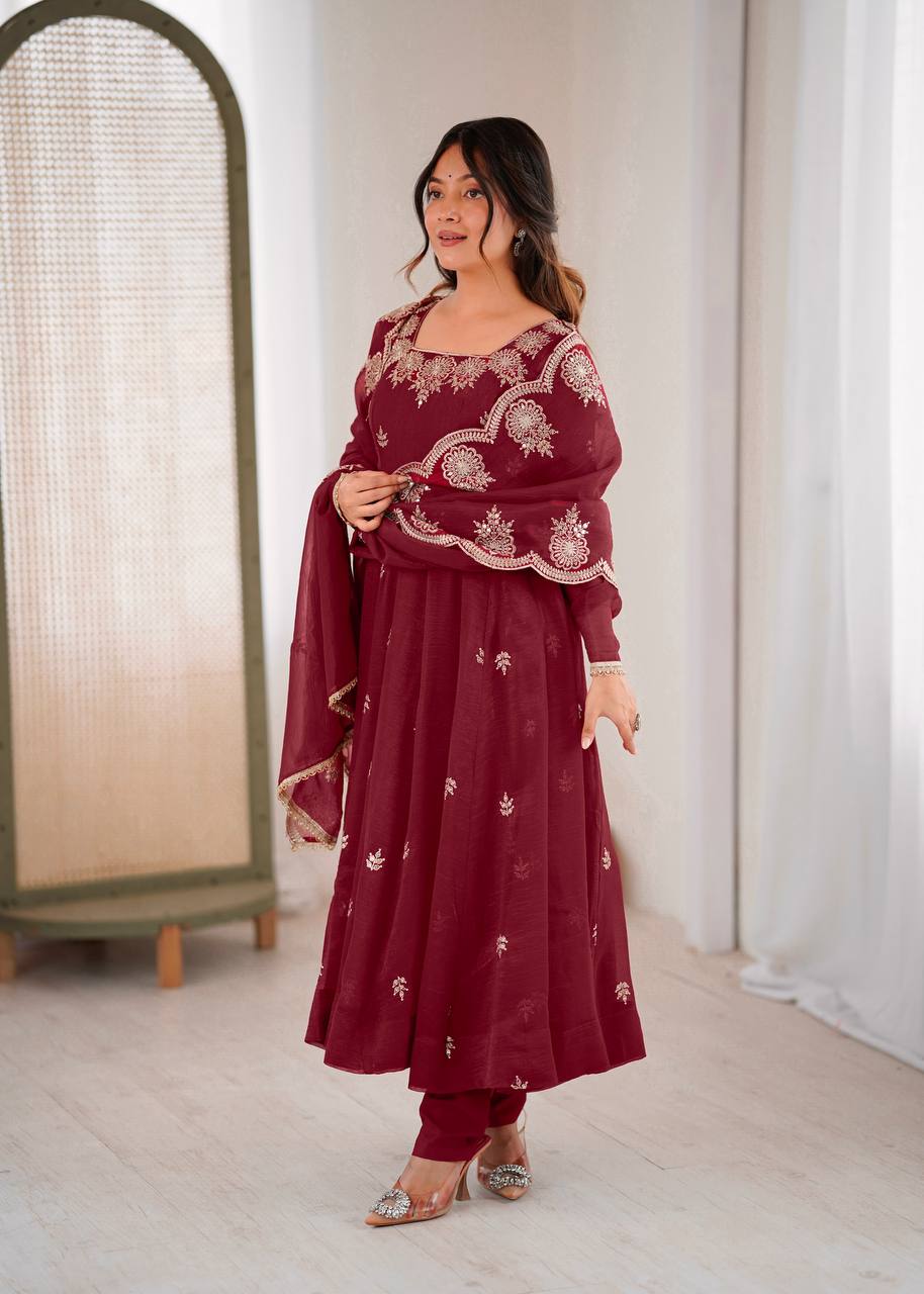 Neha's Wear Maroon Color Crunchy Silk Sequence Anarkali Suit Set