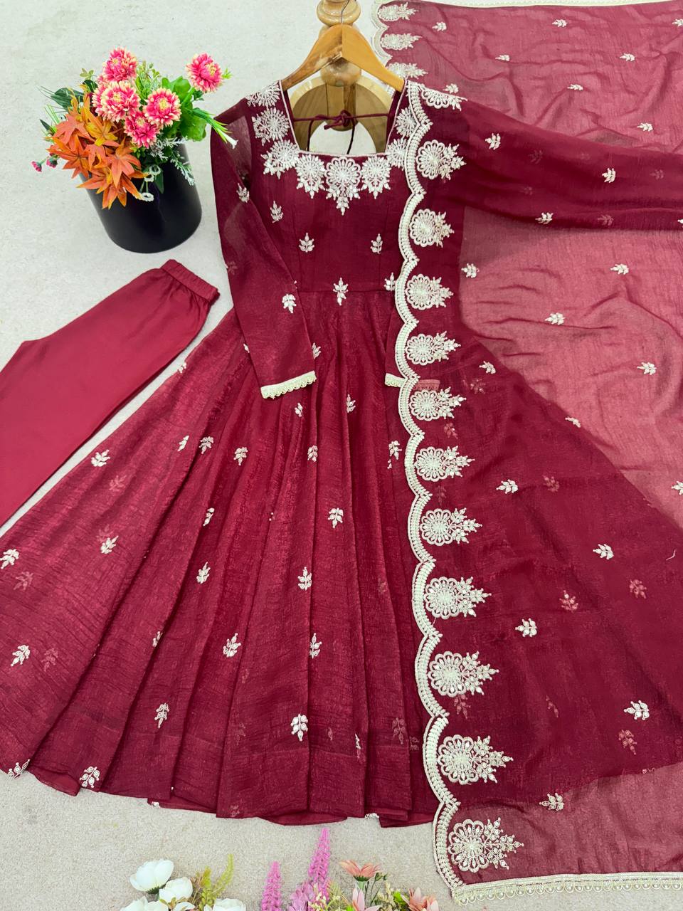 Neha's Wear Maroon Color Crunchy Silk Sequence Anarkali Suit Set