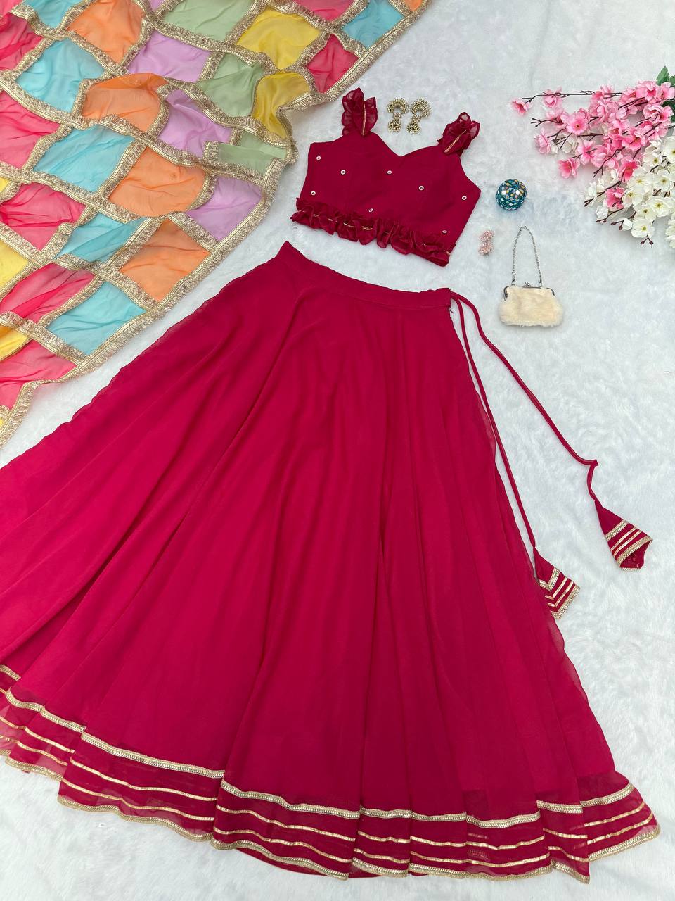 Sangeet Wear Pink Color Georgette Fully Stitched Lehenga Set