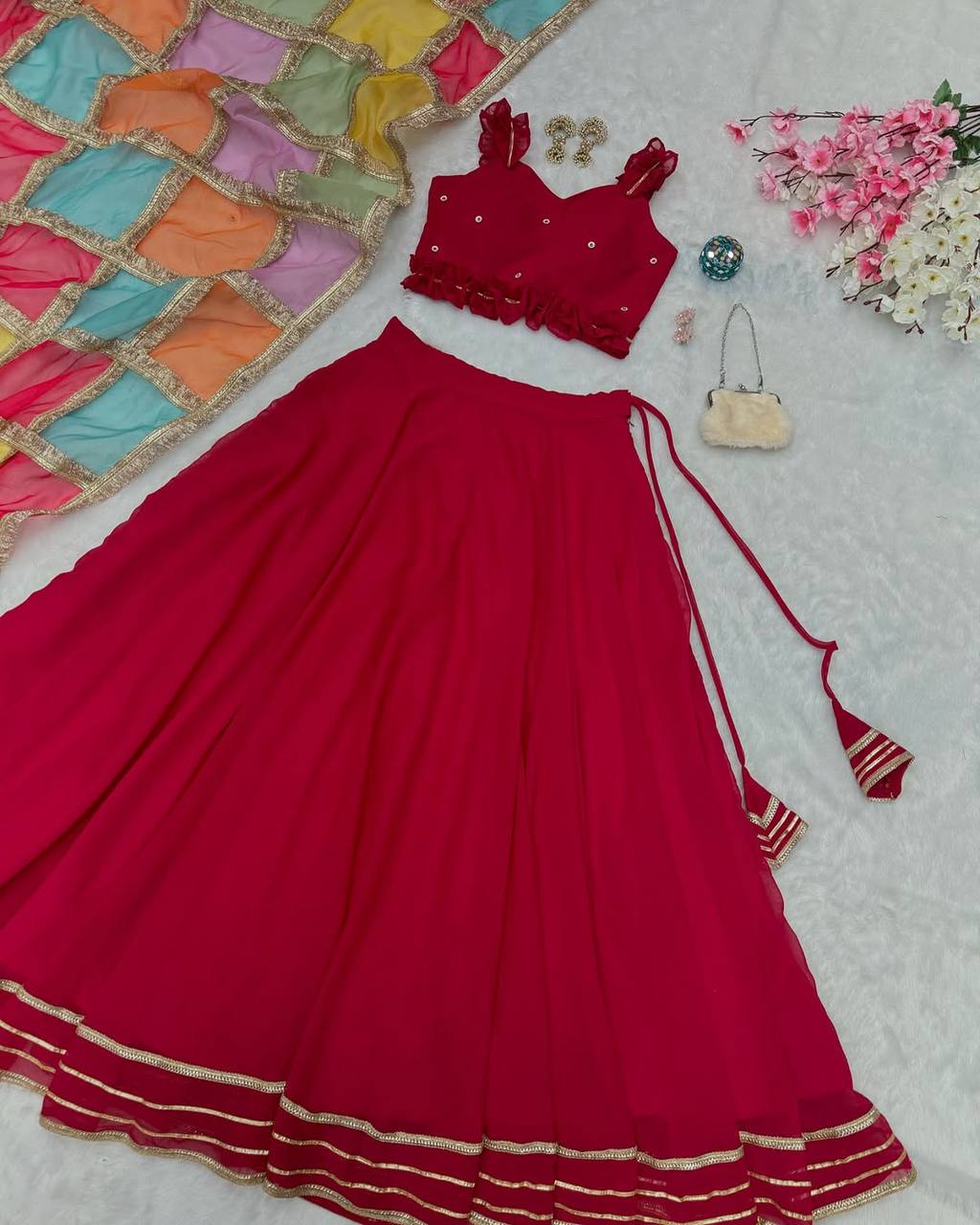 Sangeet Wear Pink Color Georgette Fully Stitched Lehenga Set
