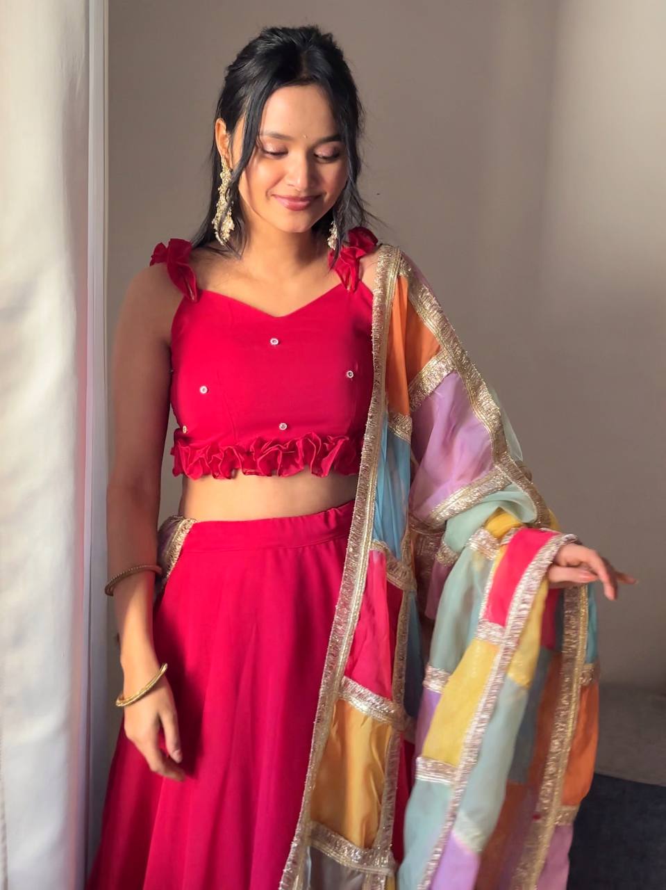 Sangeet Wear Pink Color Georgette Fully Stitched Lehenga Set