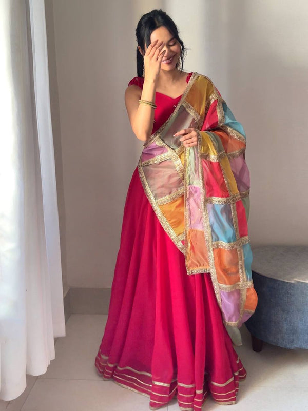 Sangeet Wear Pink Color Georgette Fully Stitched Lehenga Set
