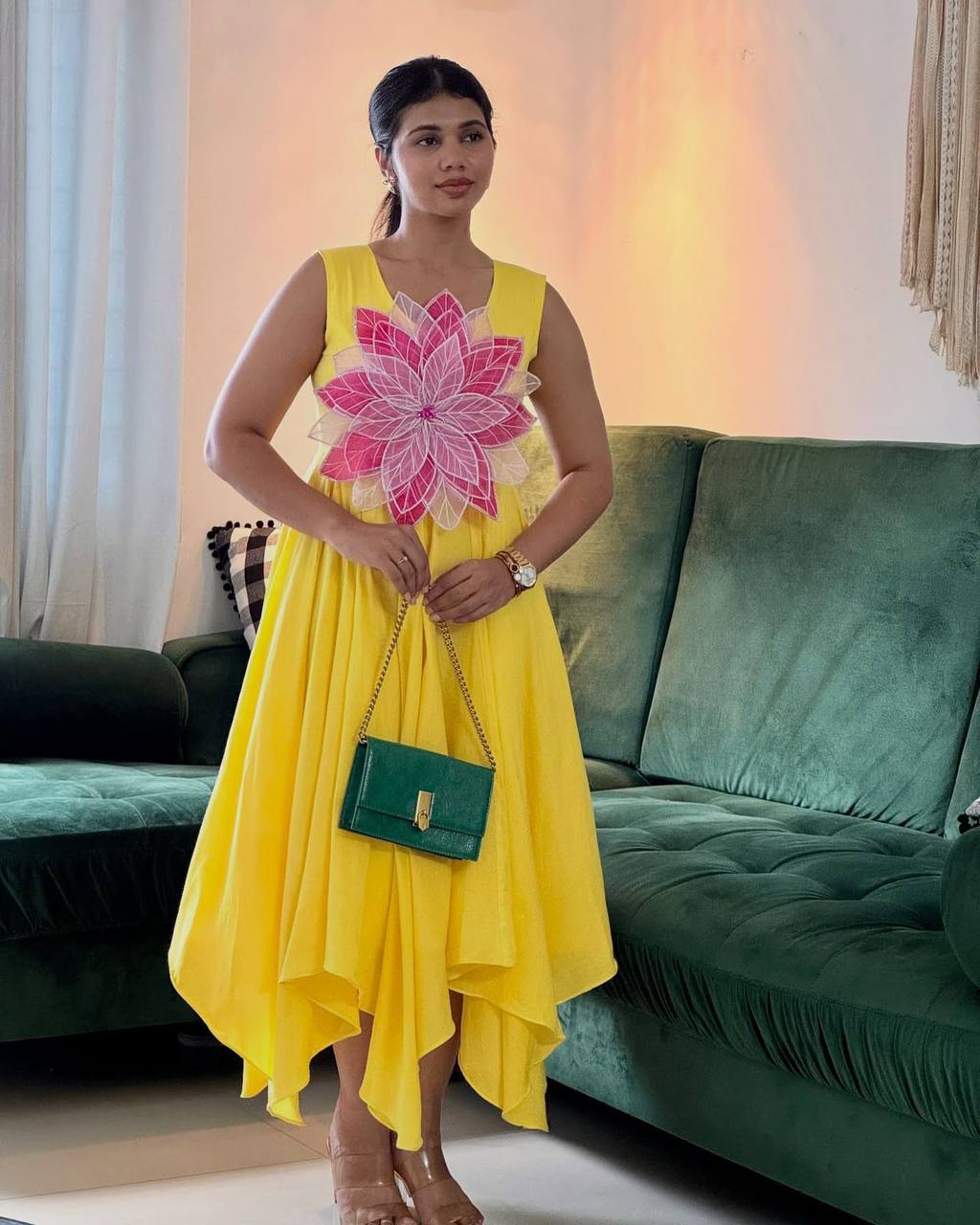 Beautiful Yellow Color Parampara Silk And Fancy Flowers Cutting Pasting Work Gown