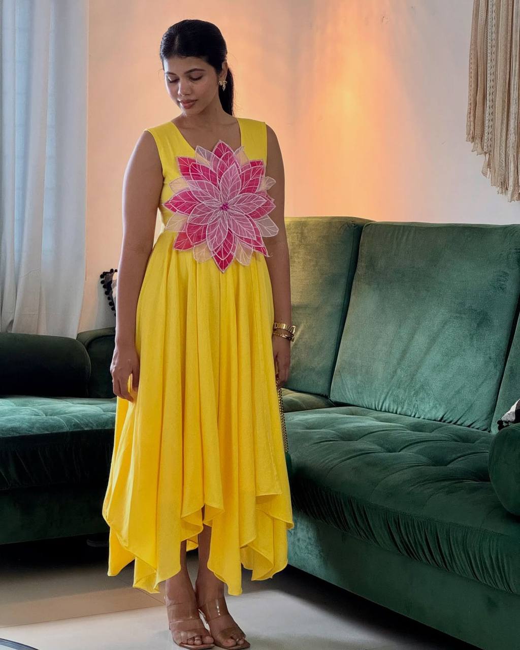 Beautiful Yellow Color Parampara Silk And Fancy Flowers Cutting Pasting Work Gown