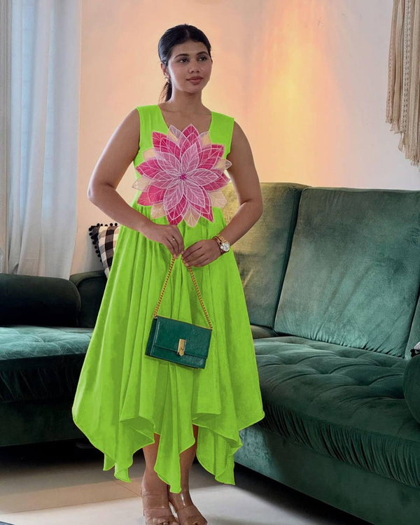 Beautiful Green Color Parampara Silk And Fancy Flowers Cutting Pasting Work Gown