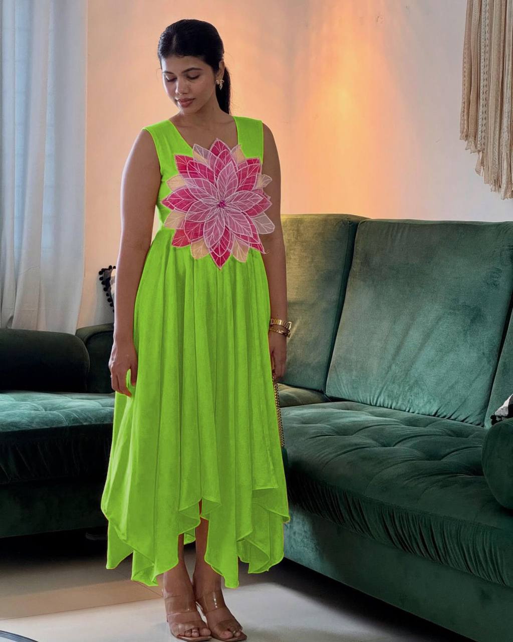 Beautiful Green Color Parampara Silk And Fancy Flowers Cutting Pasting Work Gown