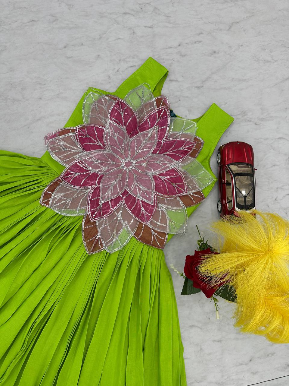 Beautiful Green Color Parampara Silk And Fancy Flowers Cutting Pasting Work Gown
