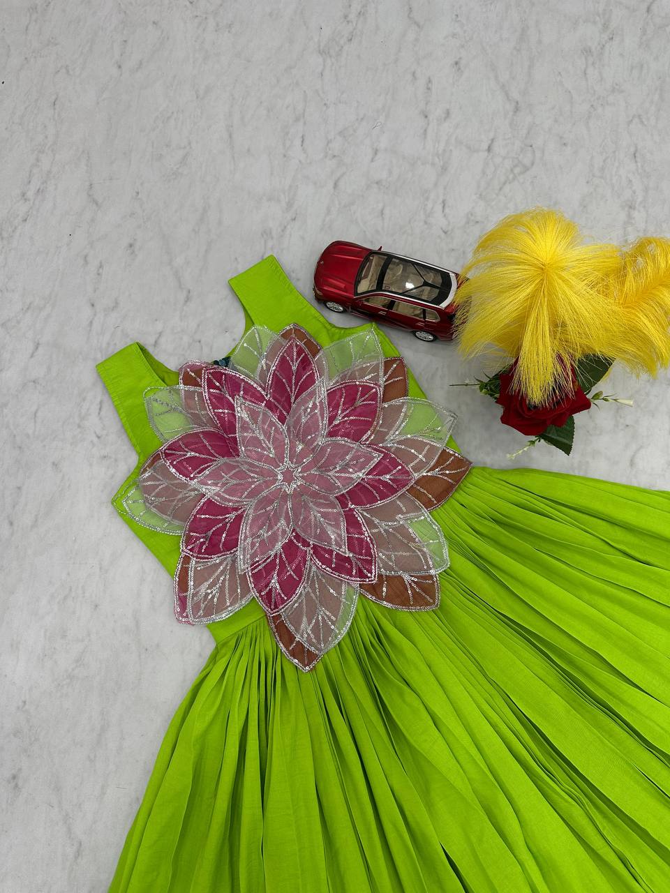 Beautiful Green Color Parampara Silk And Fancy Flowers Cutting Pasting Work Gown