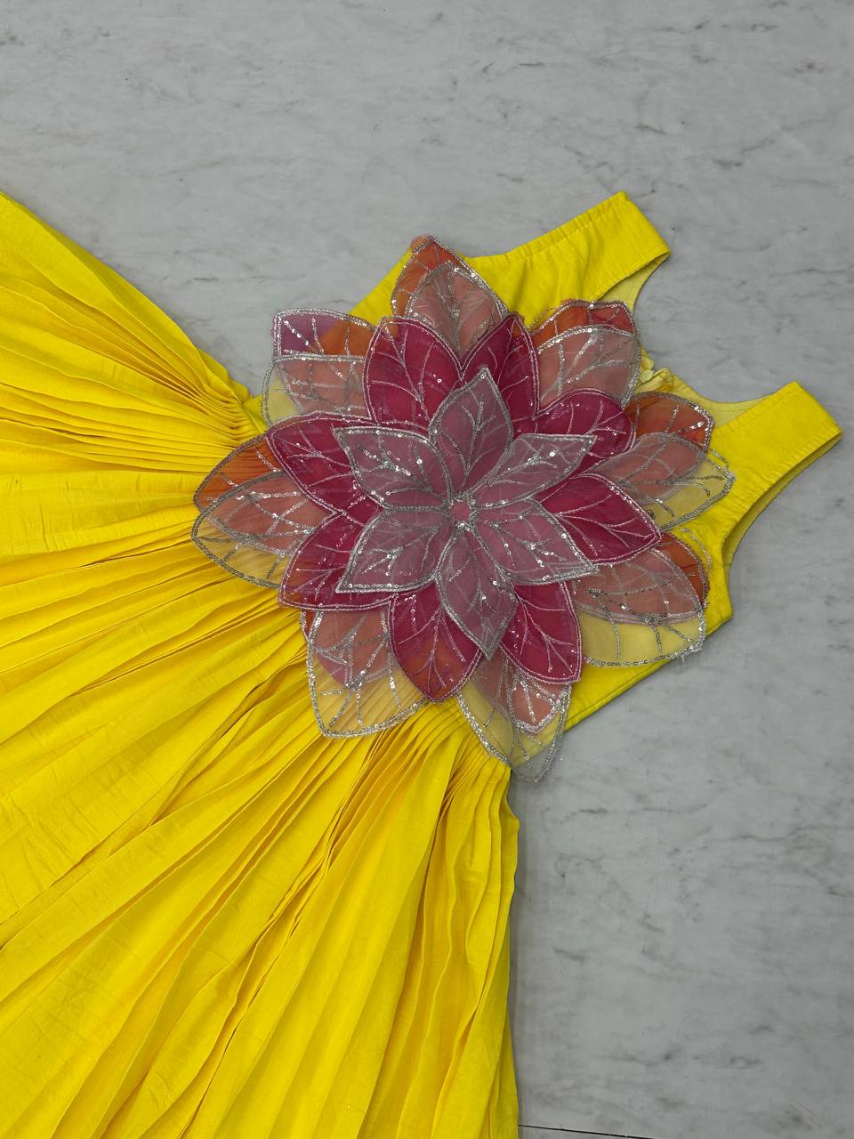 Beautiful Yellow Color Parampara Silk And Fancy Flowers Cutting Pasting Work Gown
