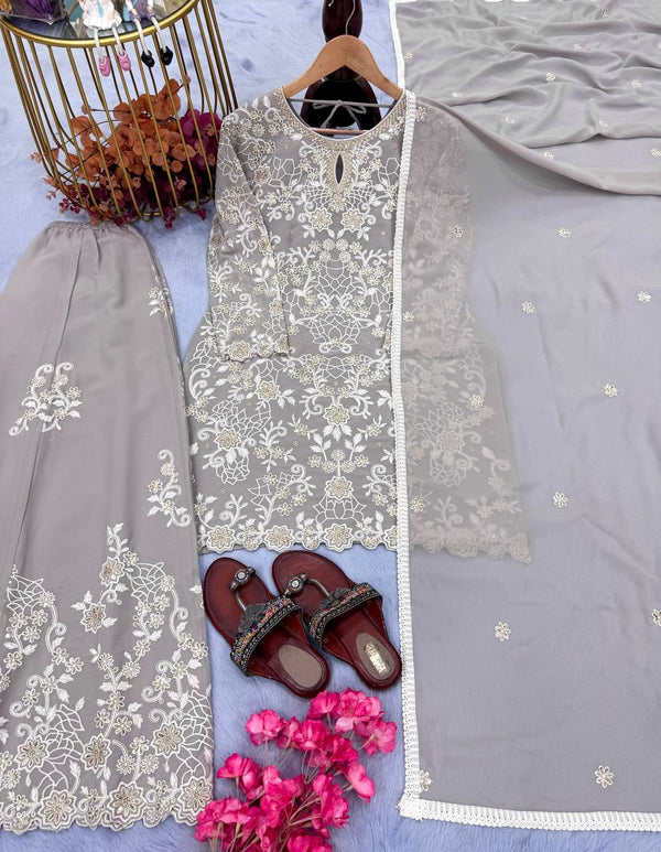 Attractive Grey Color Heavy Faux Georgette With Heavy Embroidery Sequence Work Designer Palazzo Suit