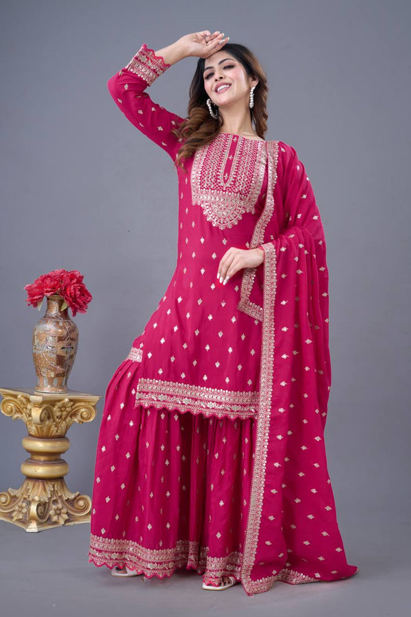 Trendy Pink Color Heavy Georgette Embroidery Work Designer Sharara Suit