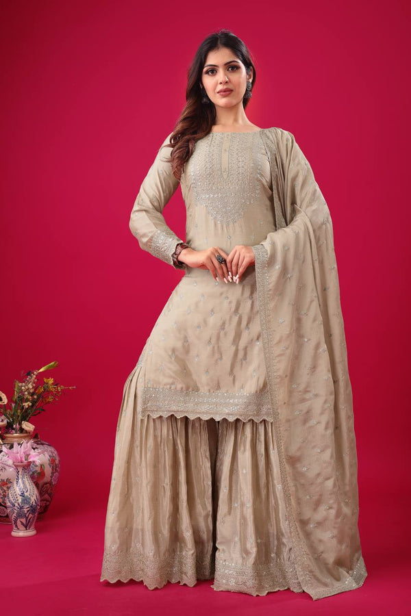 Trendy Beige Color Heavy Georgette Embroidery Work Designer Sharara Suit