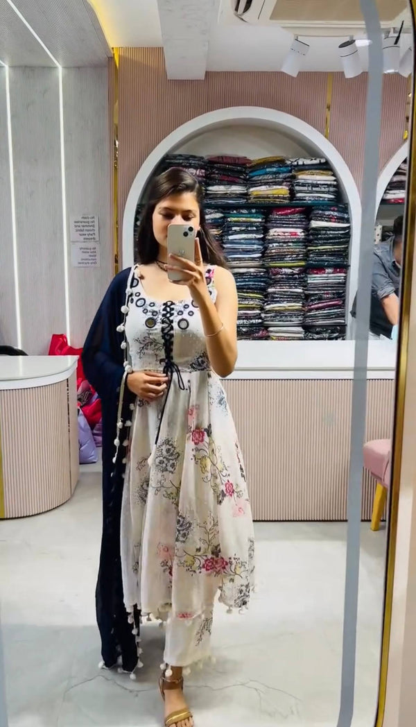 Wedding Wear Off White Color Printed With Mirror Work Anarkali Suit