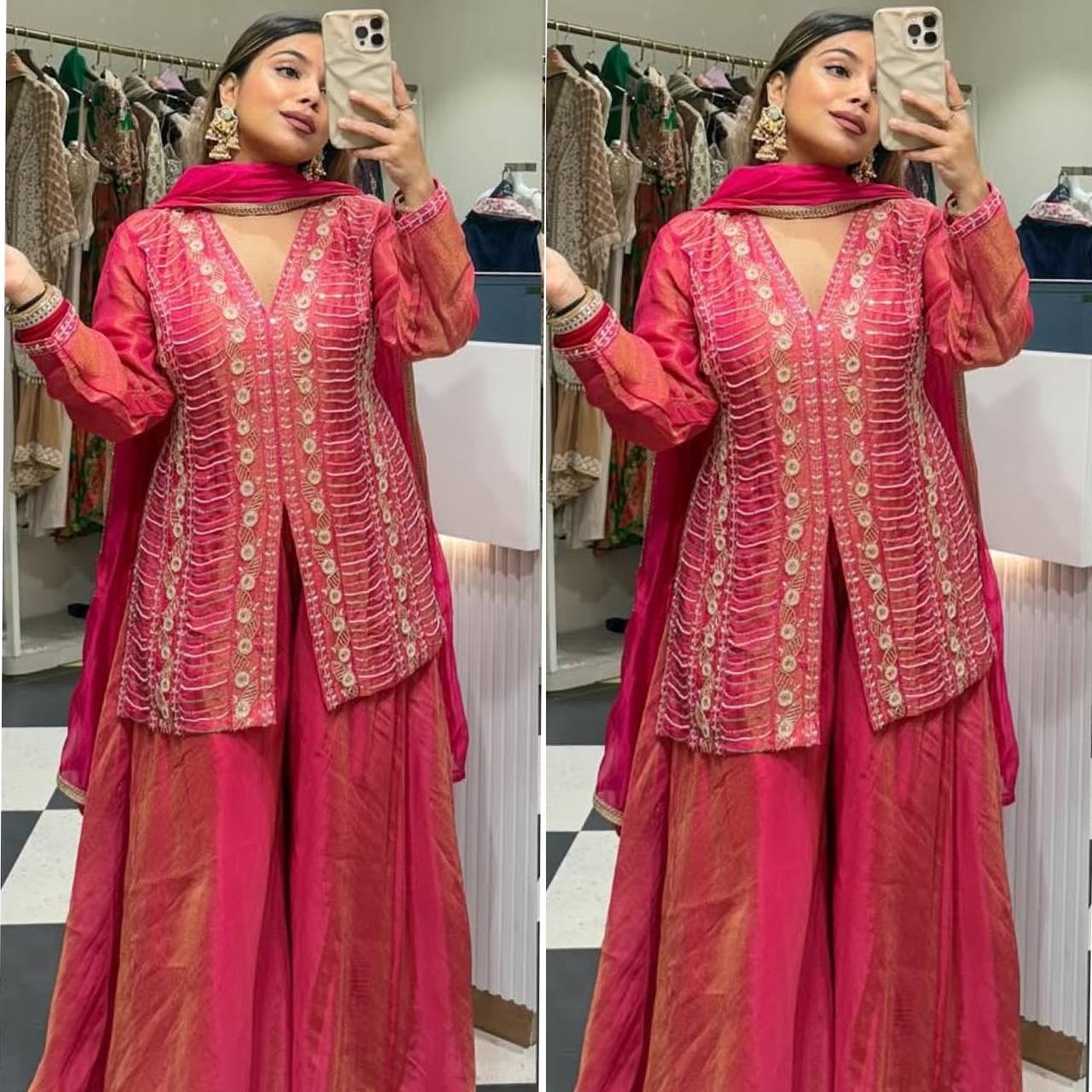 Wedding Wear Pink Color Embroidery And Handwork Silk Palazzo Suit