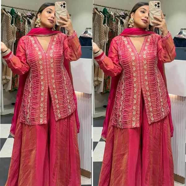 Wedding Wear Pink Color Embroidery And Handwork Silk Palazzo Suit