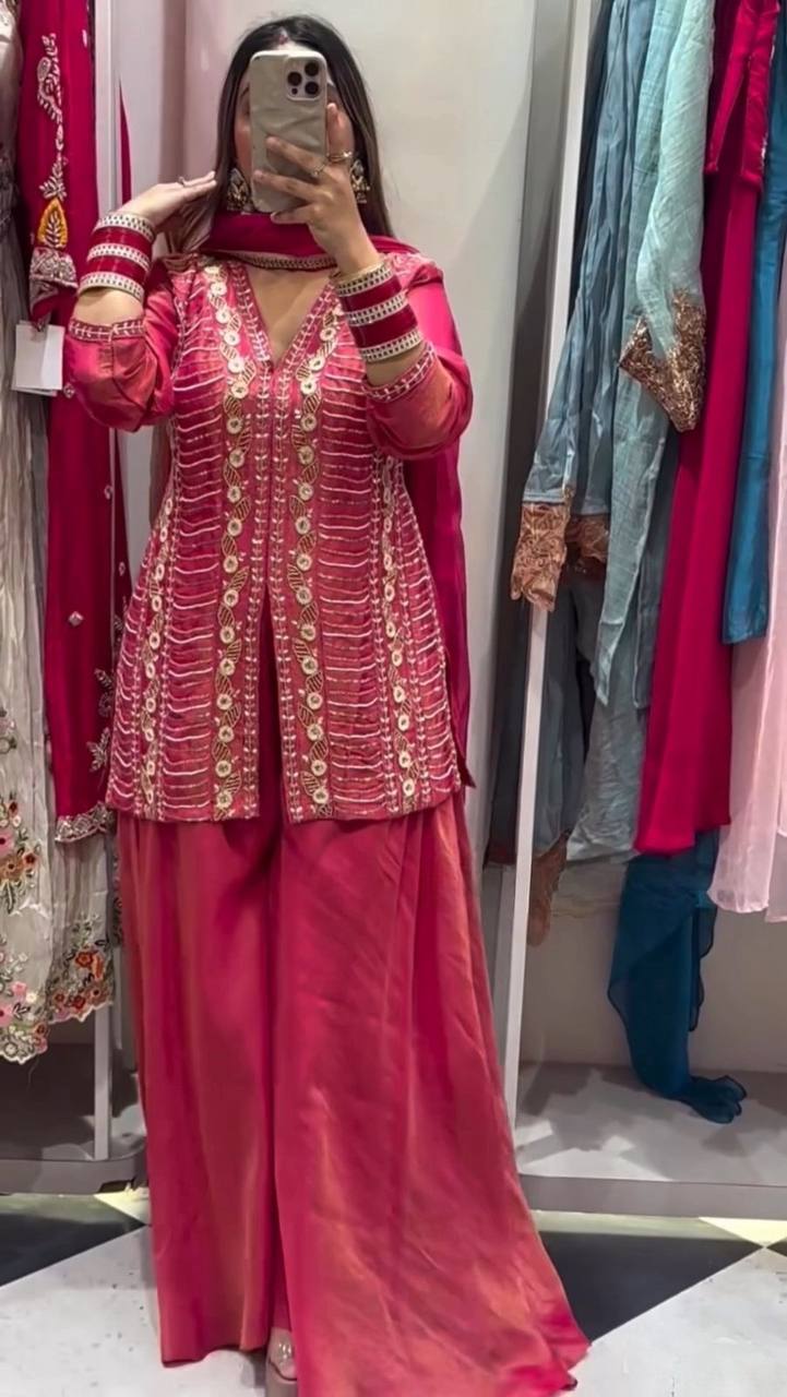 Wedding Wear Pink Color Embroidery And Handwork Silk Palazzo Suit