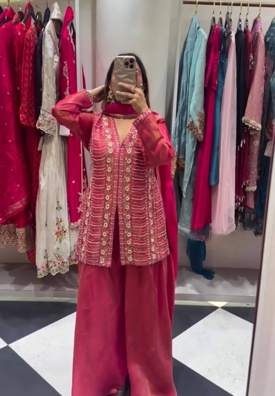Wedding Wear Pink Color Embroidery And Handwork Silk Palazzo Suit