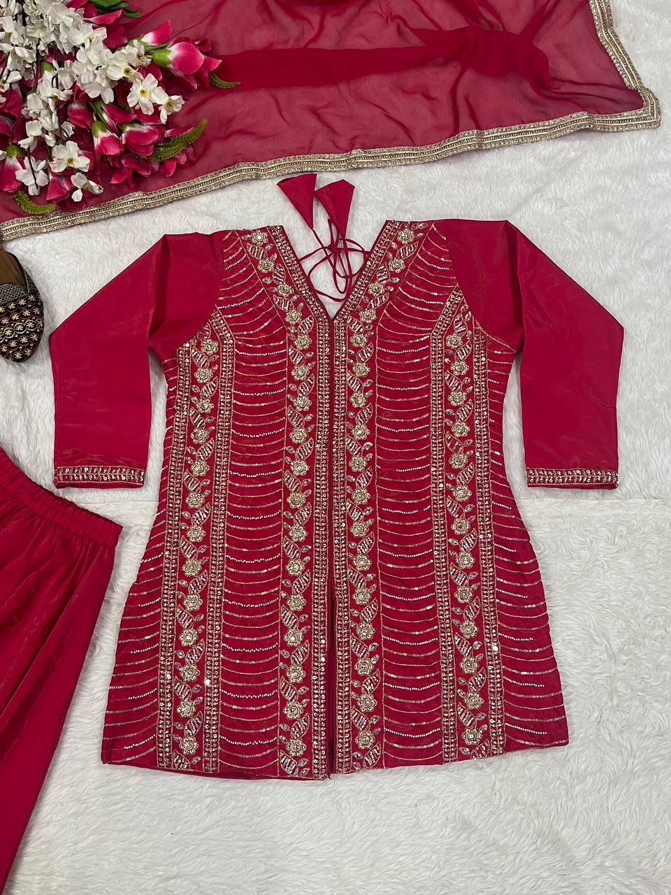 Wedding Wear Pink Color Embroidery And Handwork Silk Palazzo Suit