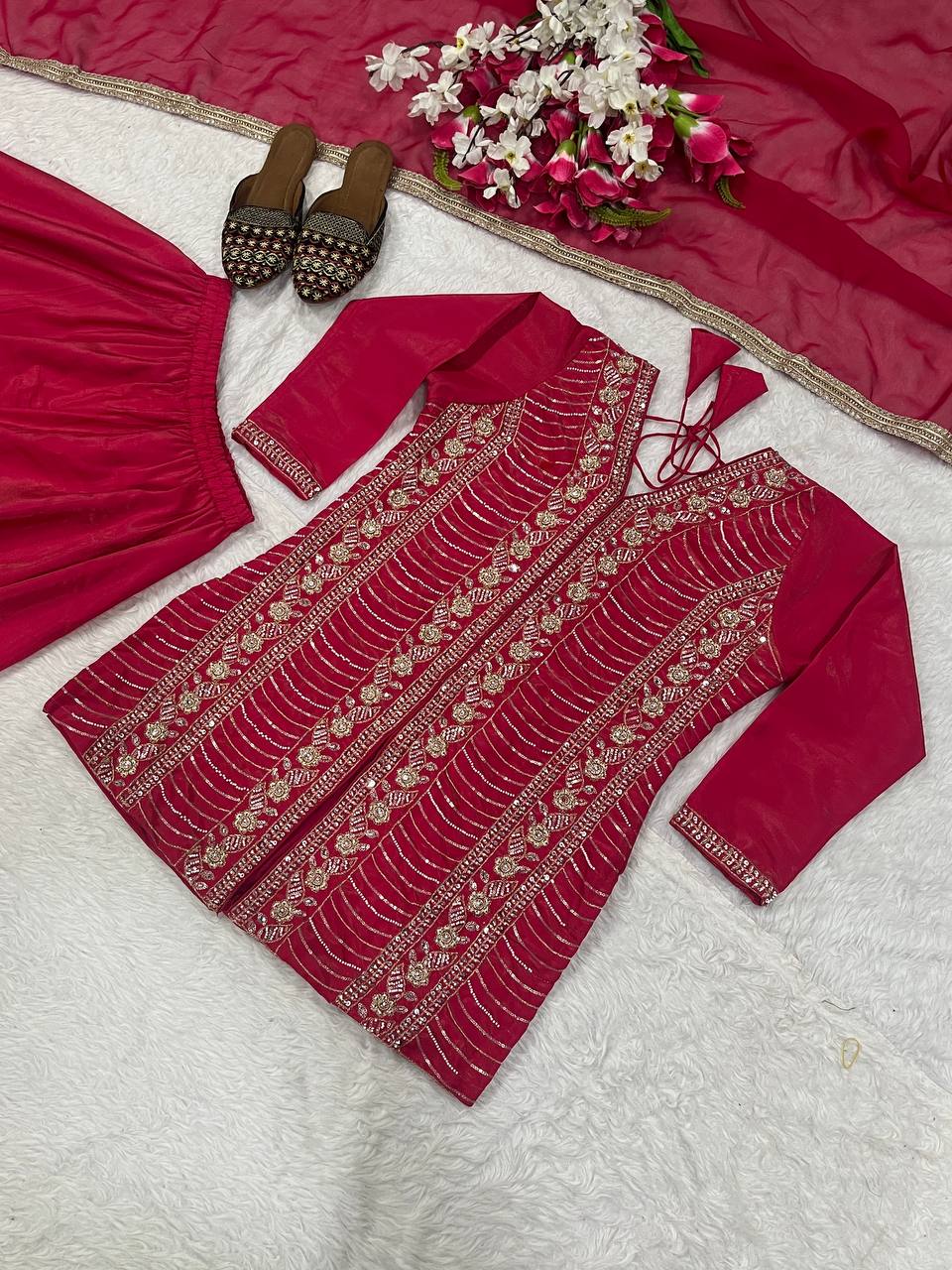 Wedding Wear Pink Color Embroidery And Handwork Silk Palazzo Suit