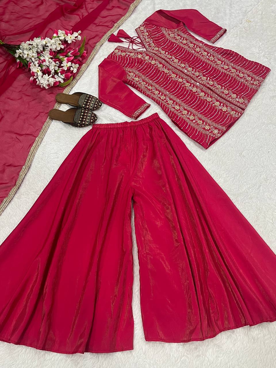 Wedding Wear Pink Color Embroidery And Handwork Silk Palazzo Suit
