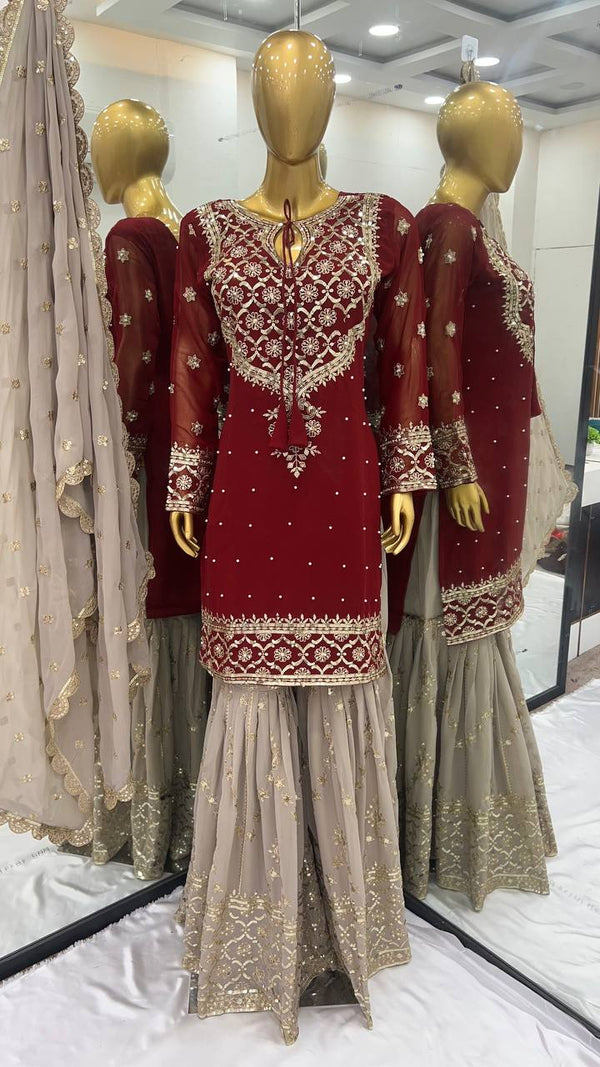 Wedding Wear Maroon Color Heavy Faux Georgette With 5mm Embroidery Sequence Work Sharara Suit