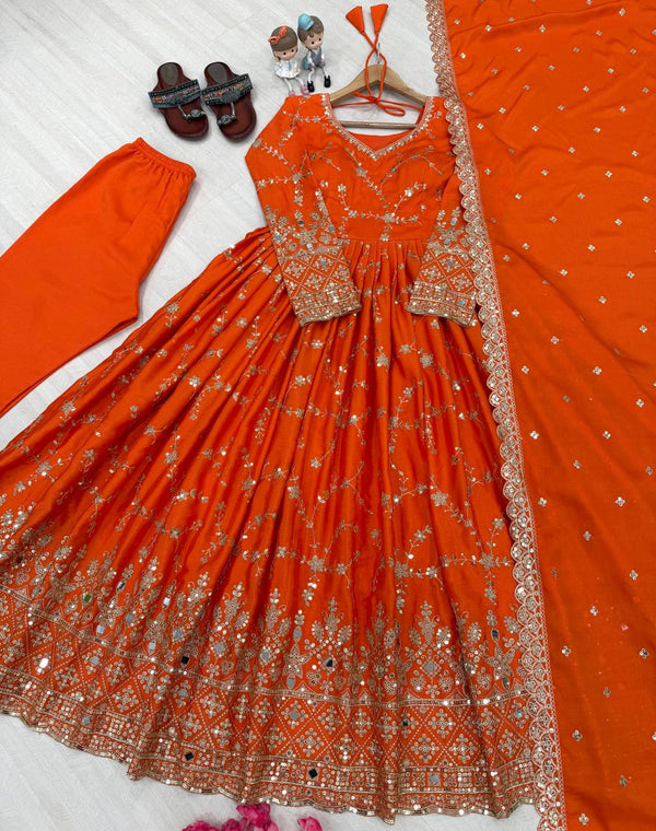 Stylish Orange Color Heavy Chinon Silk With Embroidery Sequence Work Anarkali Gown