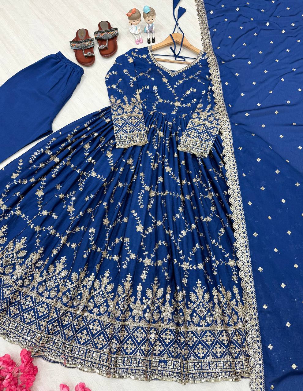 Stylish Blue Color Heavy Chinon Silk With Embroidery Sequence Work Anarkali Gown