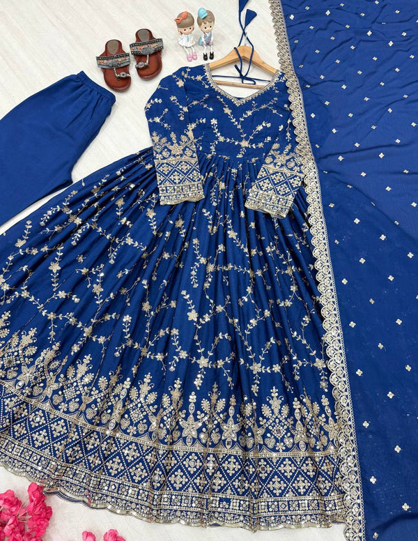 Stylish Blue Color Heavy Chinon Silk With Embroidery Sequence Work Anarkali Gown