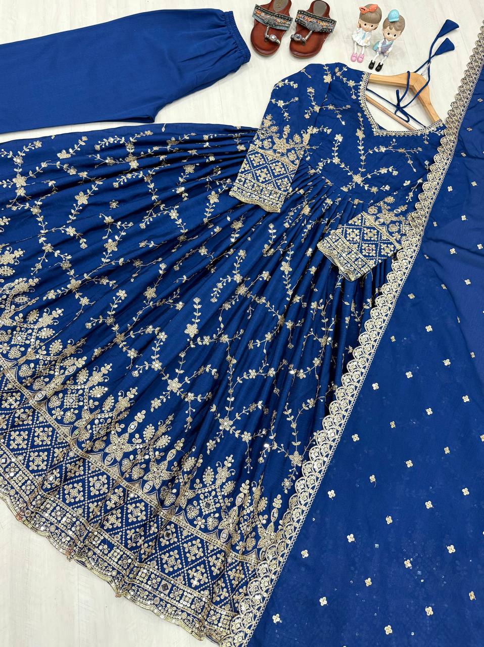 Stylish Blue Color Heavy Chinon Silk With Embroidery Sequence Work Anarkali Gown