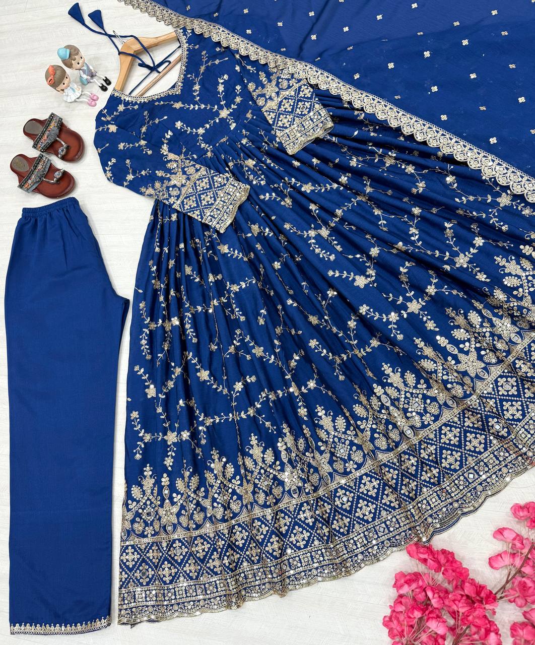 Stylish Blue Color Heavy Chinon Silk With Embroidery Sequence Work Anarkali Gown