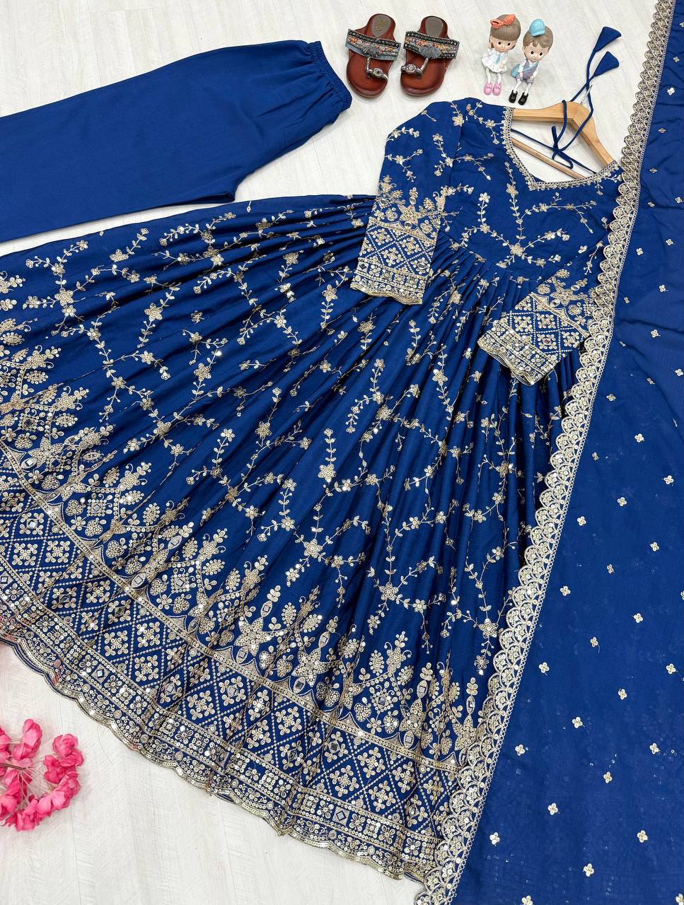 Stylish Blue Color Heavy Chinon Silk With Embroidery Sequence Work Anarkali Gown