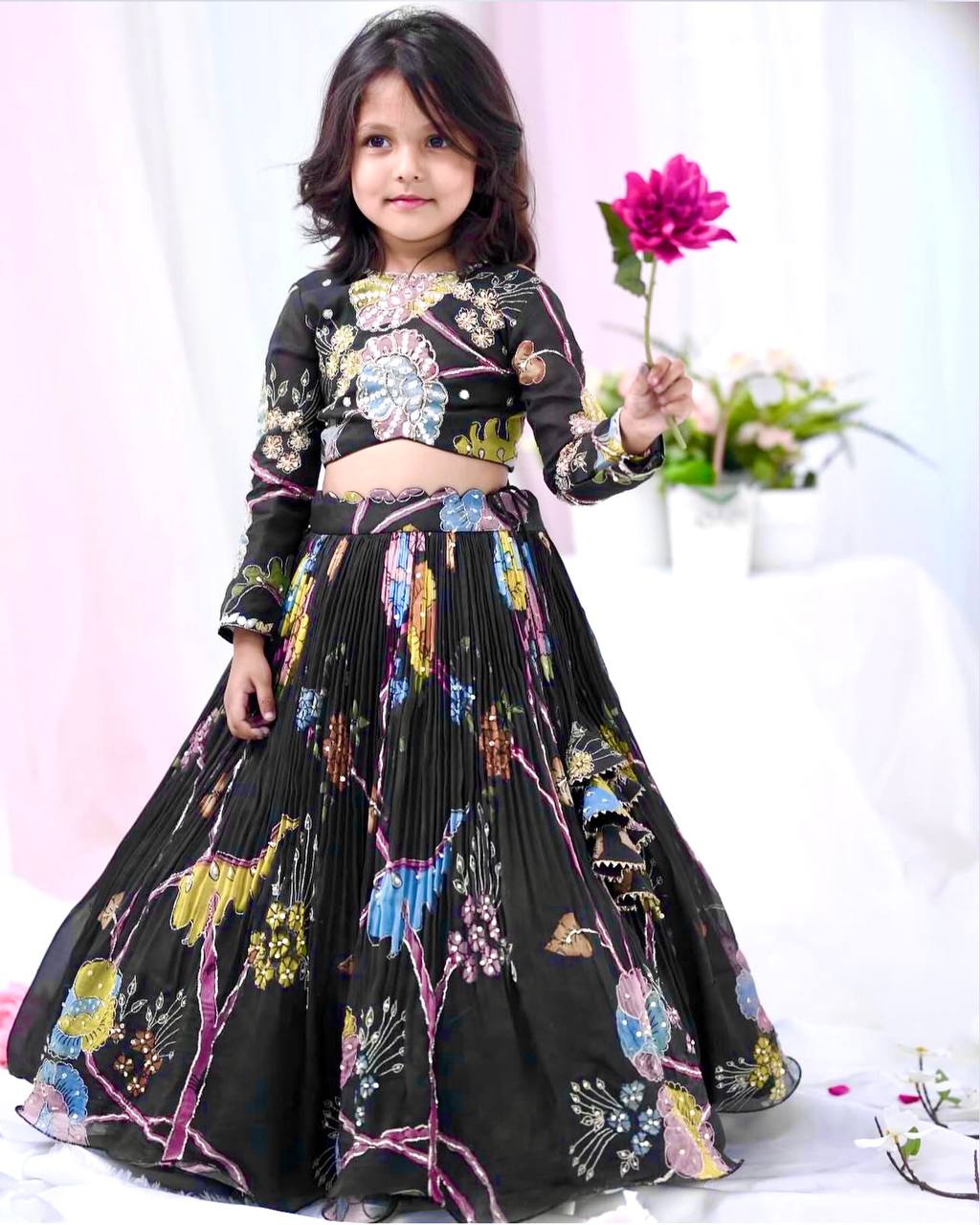 Designer Black Color Printed Lehena Choli Set Ready To Wear