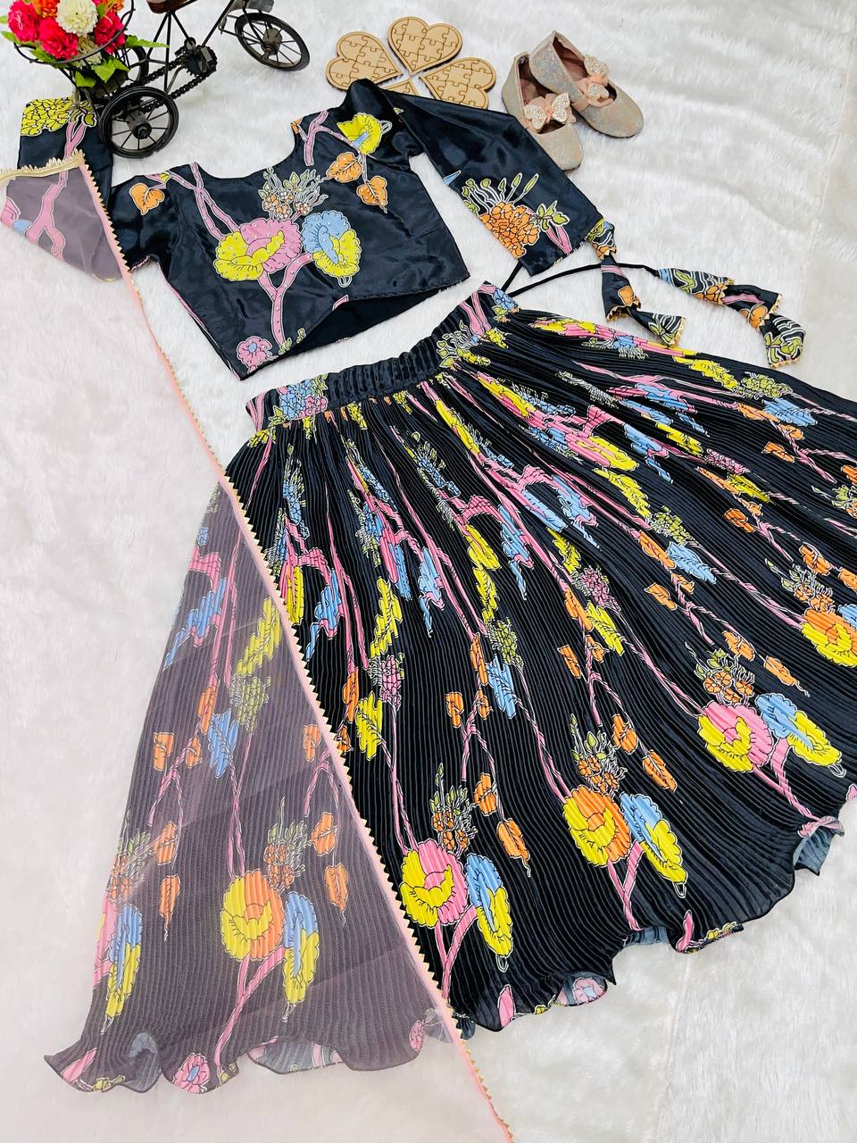 Designer Black Color Printed Lehena Choli Set Ready To Wear