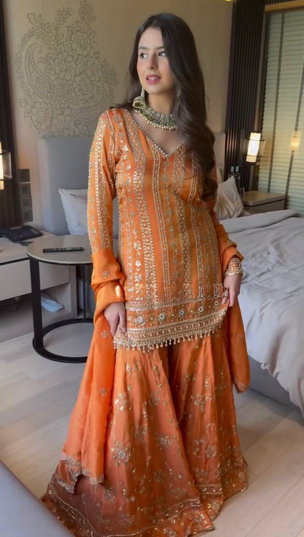 Wedding Wear Orange Color Faux Georgette Sharara Set