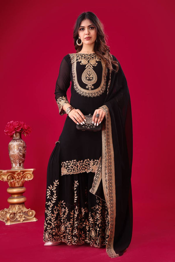Fabulous Black Color Blooming Faux Georgette With Heavy Embroidery Sequence Thread Work Sharara Suit