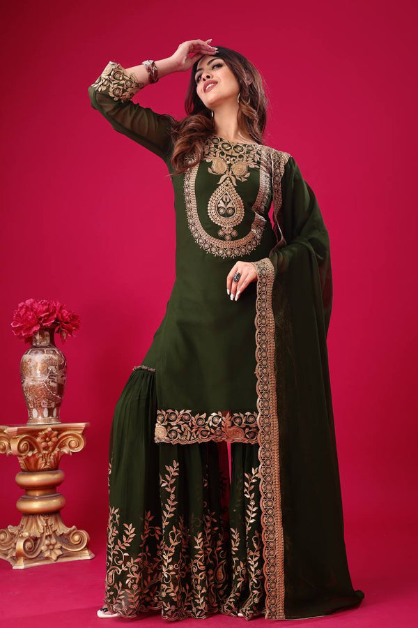 Fabulous Green Color Blooming Faux Georgette With Heavy Embroidery Sequence Thread Work Sharara Suit