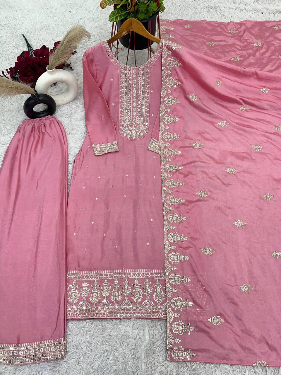 Party Wear Peach Color Chinon Silk With Heavy Embroidery Sequence Work Salwar Suit