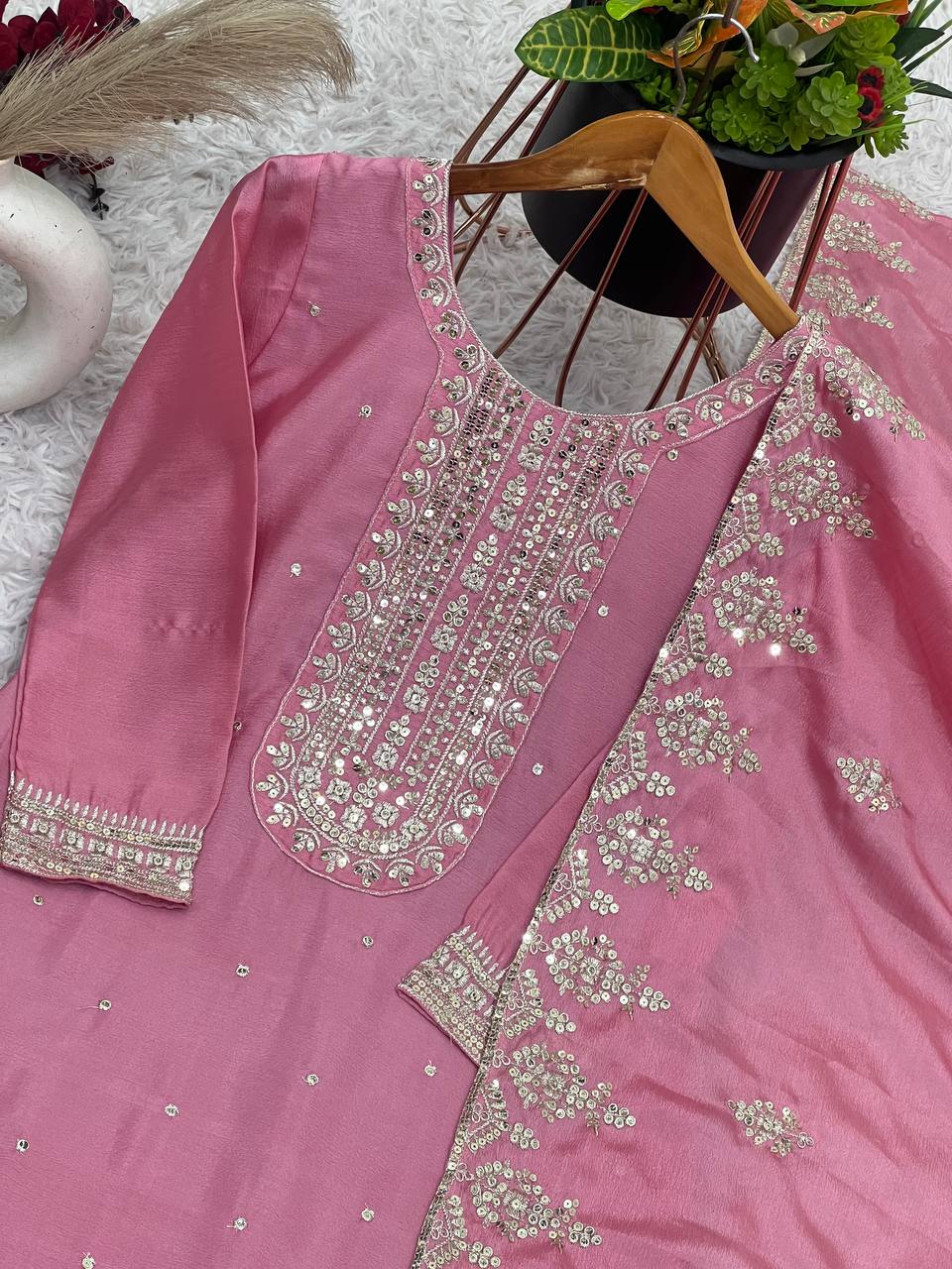 Party Wear Peach Color Chinon Silk With Heavy Embroidery Sequence Work Salwar Suit