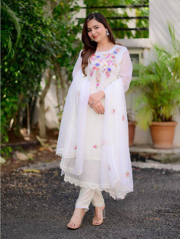 Wedding Wear White Color Georgette With Embroidery Work Beautiful Kurta Set