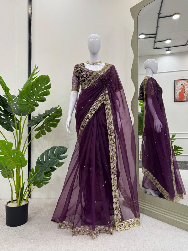 Stylish Purple Color Heavy Organza Silk Thread With Sequence Work Designer Saree