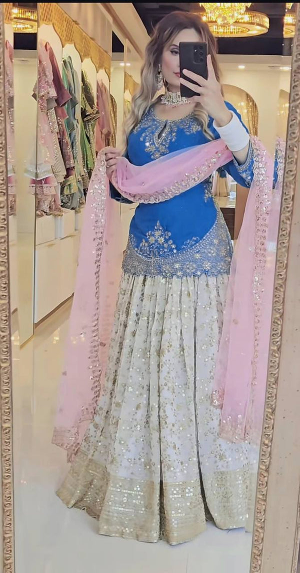 Occasion Wear Blue Color Heavy Chinon silk with Sequence Embroidery Work Lehenga With Top