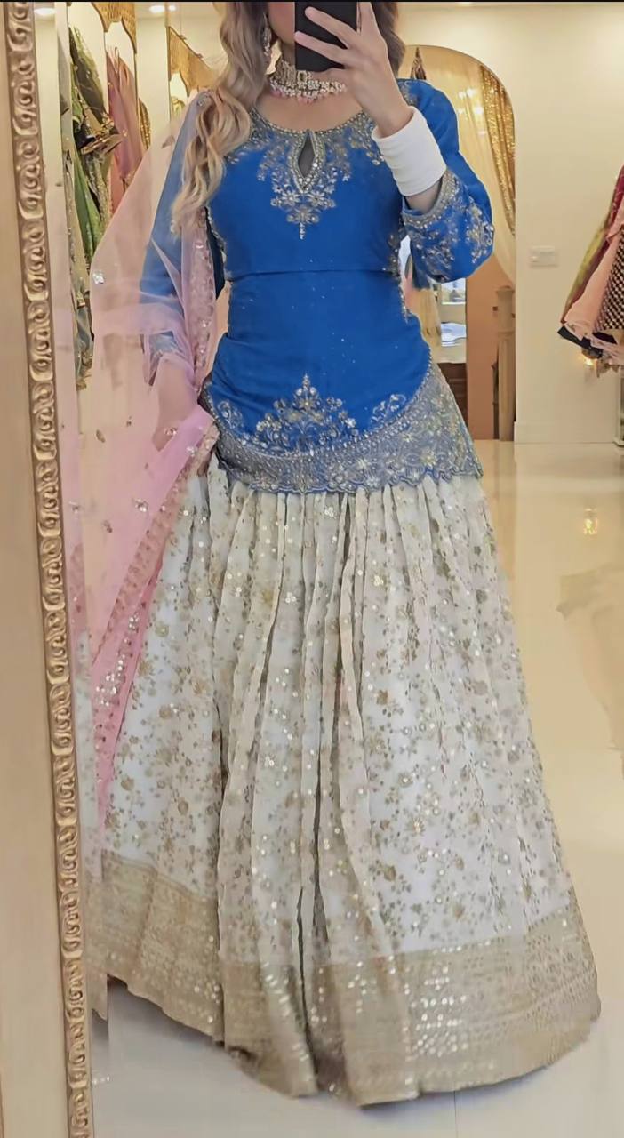 Occasion Wear Blue Color Heavy Chinon silk with Sequence Embroidery Work Lehenga With Top