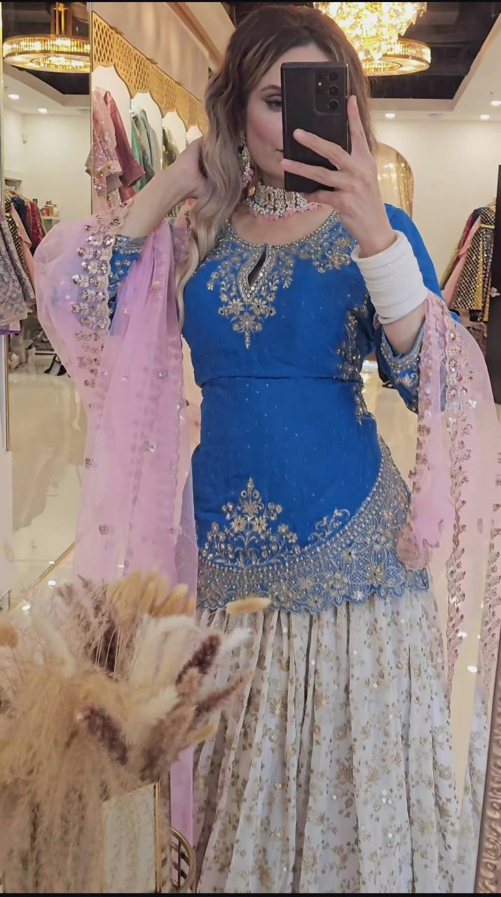 Occasion Wear Blue Color Heavy Chinon silk with Sequence Embroidery Work Lehenga With Top