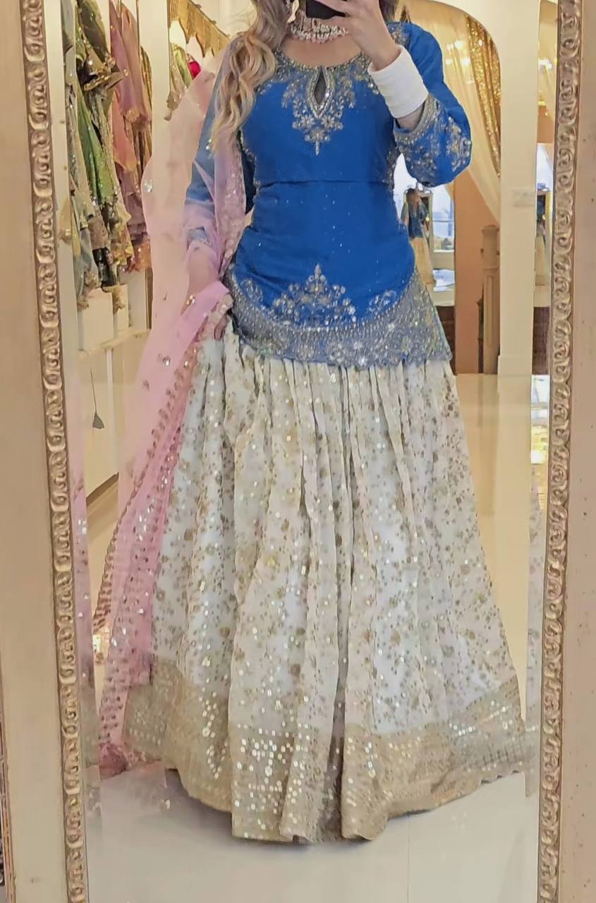 Occasion Wear Blue Color Heavy Chinon silk with Sequence Embroidery Work Lehenga With Top