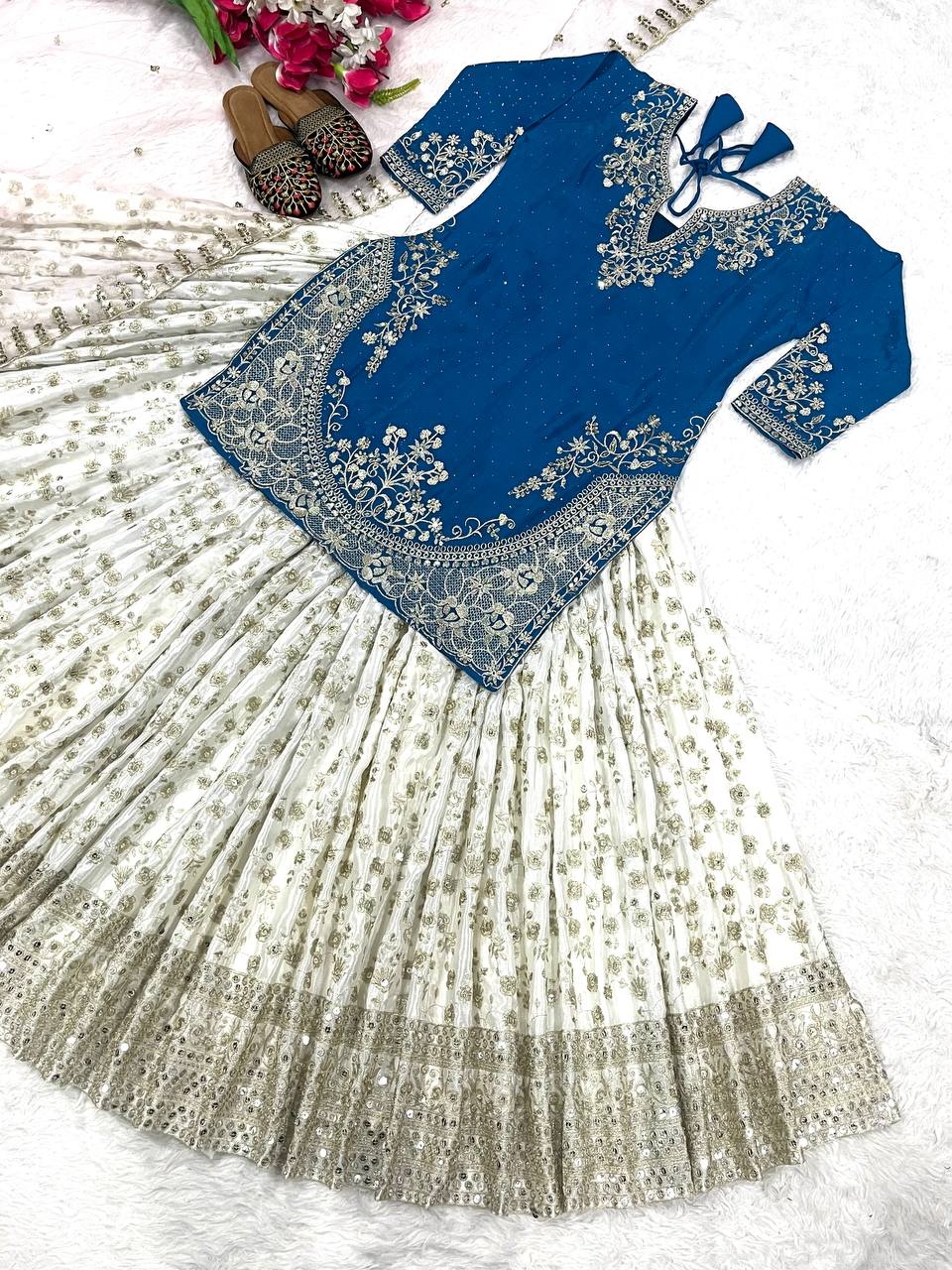 Occasion Wear Blue Color Heavy Chinon silk with Sequence Embroidery Work Lehenga With Top