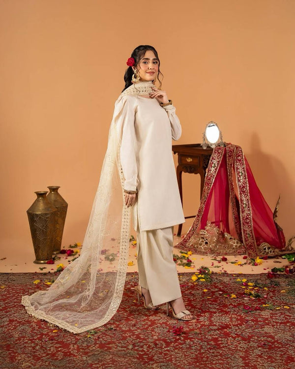 Casual Wear White Color Heavy Natural Crep Silk Fancy Less Border Work Salwar Suit