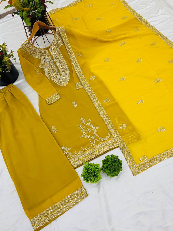 Haldi Wear Yellow Color Heavy Faux Georgette With Heavy Embroidery Sequence Work Palazzo Suit