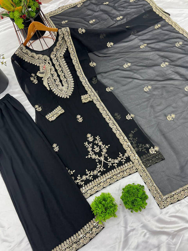 Function Wear Black Color Heavy Faux Georgette With Heavy Embroidery Sequence Work Palazzo Suit